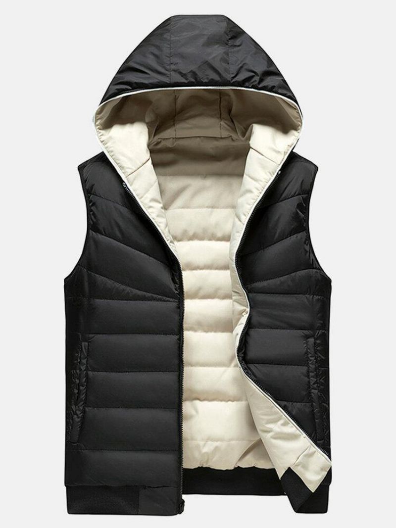 Gilet Matelassé À Capuche Réversible Chaud Et Coupe-vent Avec Fermeture Éclair De Couleur Unie Pour Hommes Avec Poche