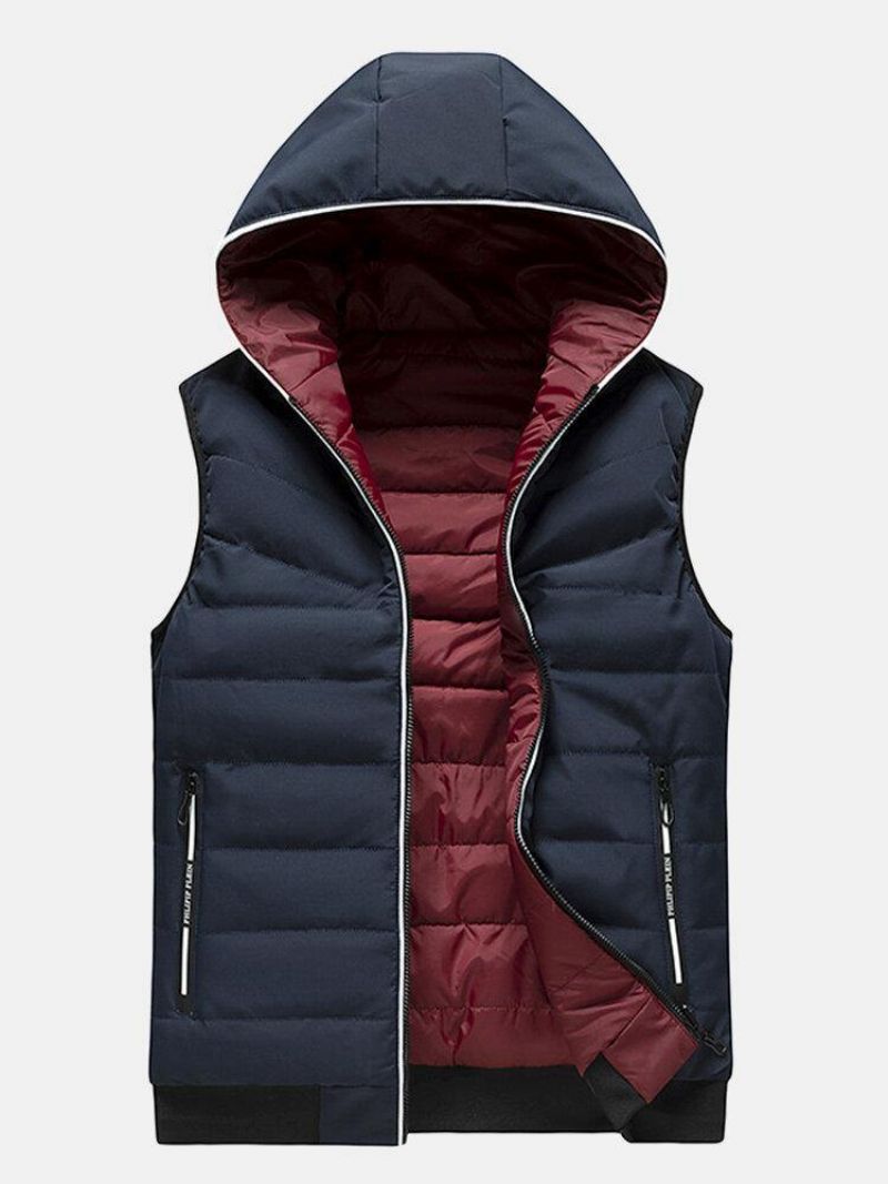 Gilet Matelassé À Capuche Réversible Chaud Et Coupe-vent Avec Fermeture Éclair De Couleur Unie Pour Hommes Avec Poche