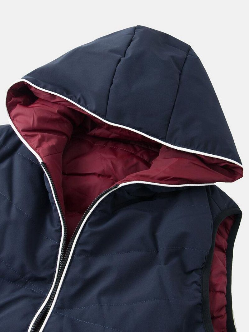 Gilet Matelassé À Capuche Réversible Chaud Et Coupe-vent Avec Fermeture Éclair De Couleur Unie Pour Hommes Avec Poche