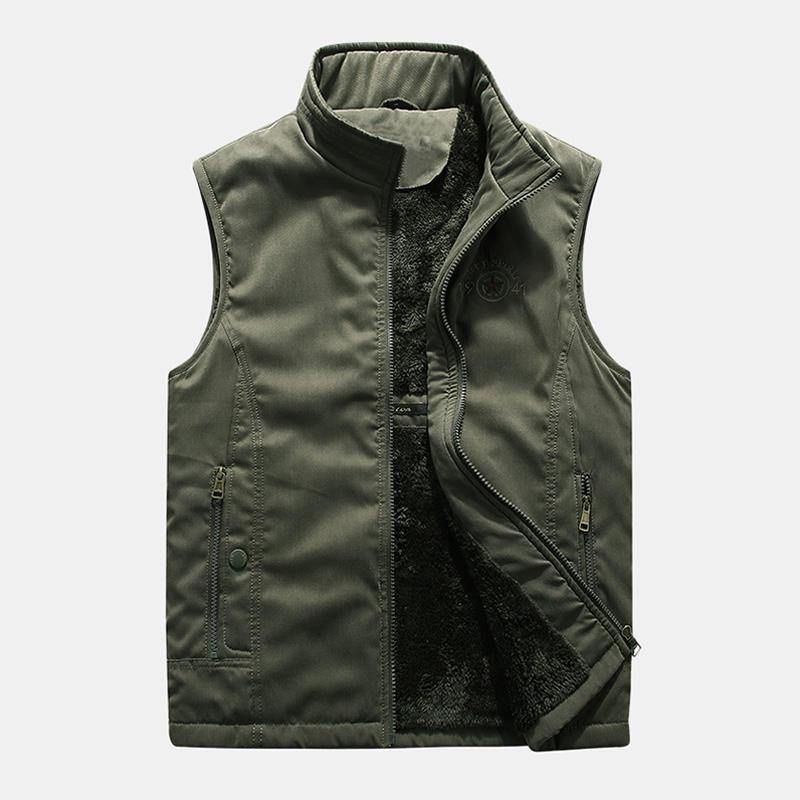 Gilet De Pêche Chaud Épaissi De Couleur Unie À Glissière Extérieure Pour Hommes