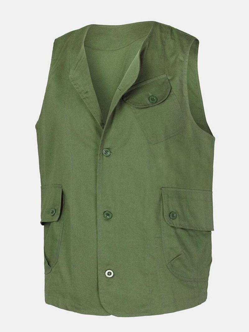 Gilets D'extérieur Sans Manches Boutonnés À Plusieurs Poches De Couleur Unie Pour Hommes