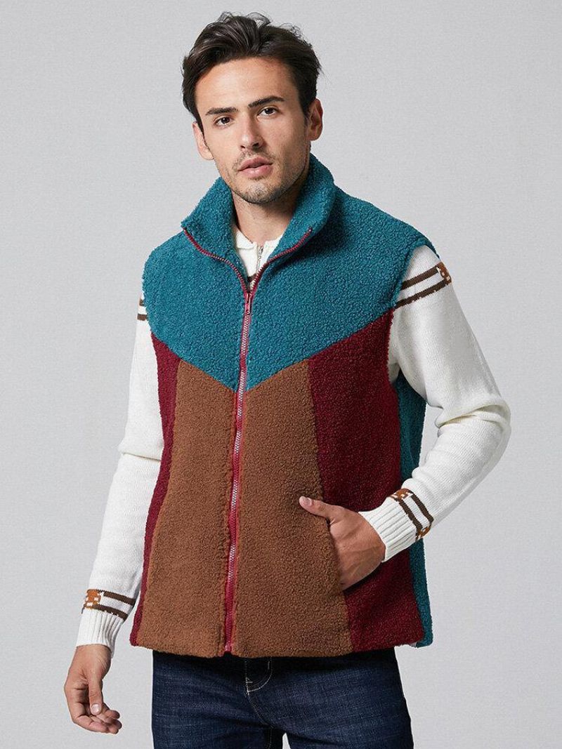 Gilets En Peluche À Fermeture Éclair Sans Manches En Patchwork Contrasté Pour Hommes