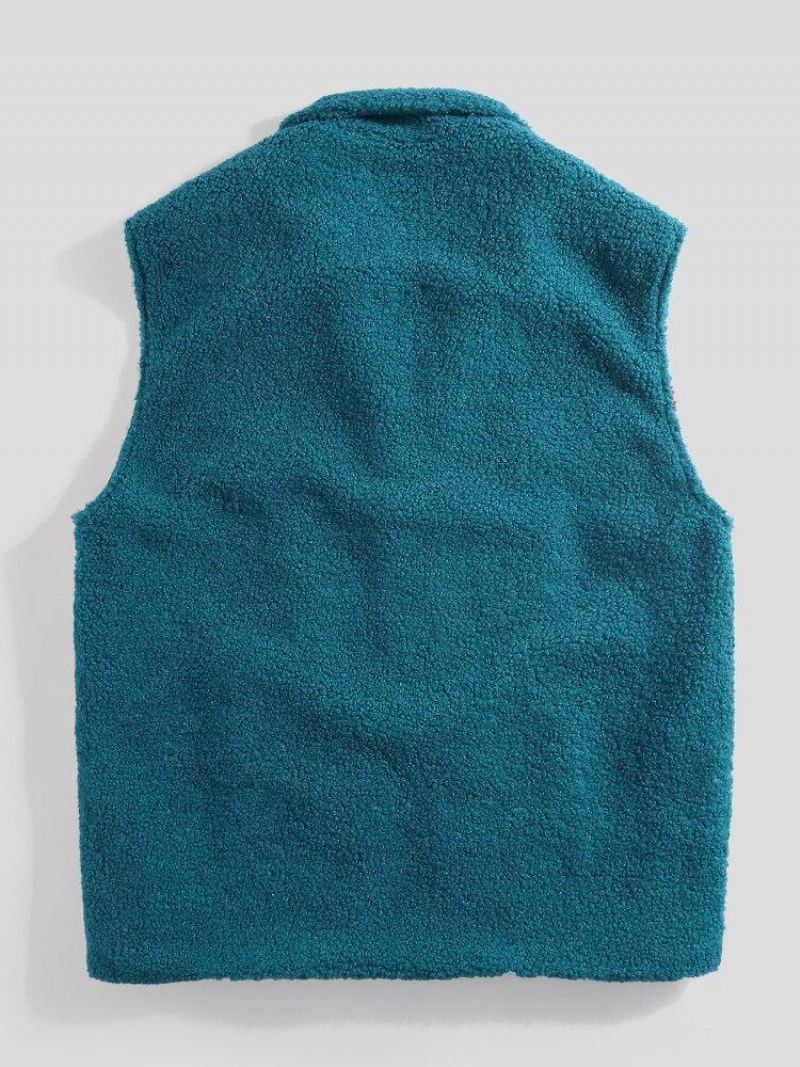 Gilets En Peluche À Fermeture Éclair Sans Manches En Patchwork Contrasté Pour Hommes