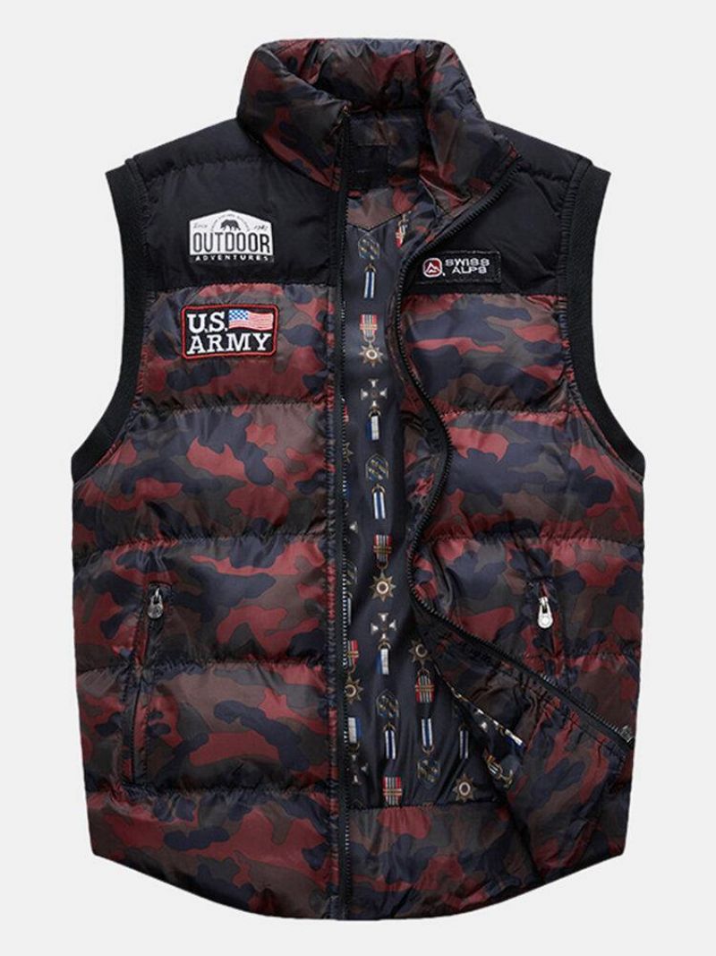 Hommes Camo Zipper Front Hiver Épaissir Stand Col Casual Gilet Chaud