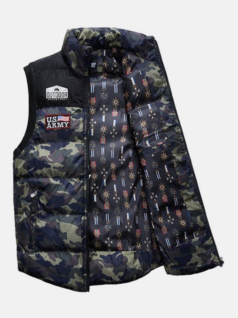 Hommes Camo Zipper Front Hiver Épaissir Stand Col Casual Gilet Chaud