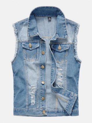 Mode Homme Denim Double Poches Col Rabattu Décontracté Gilet