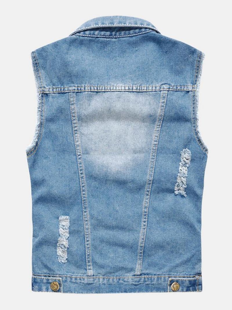 Mode Homme Denim Double Poches Col Rabattu Décontracté Gilet