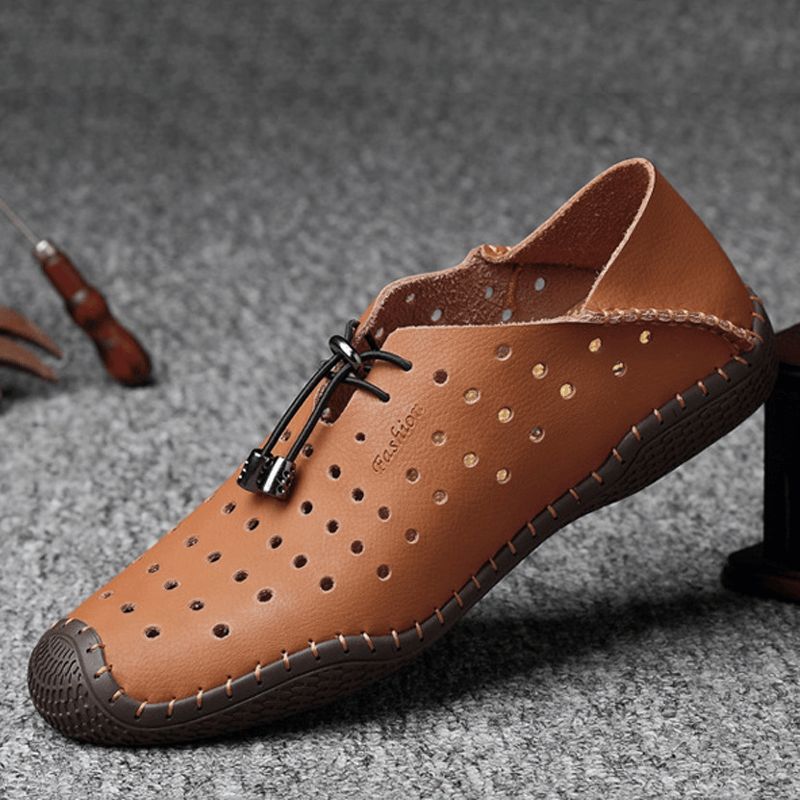 Hommes En Cuir Couture À La Main Respirant Évider Doux Confortable Conduite Chaussures Décontractées