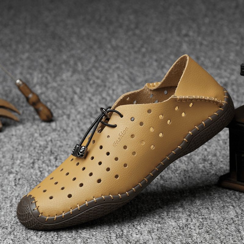 Hommes En Cuir Couture À La Main Respirant Évider Doux Confortable Conduite Chaussures Décontractées