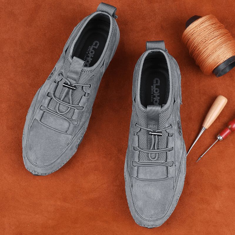 Hommes En Cuir Véritable Maille Respirant Couture À La Main Fond Souple Lacets Élastiques Chaussures Décontractées