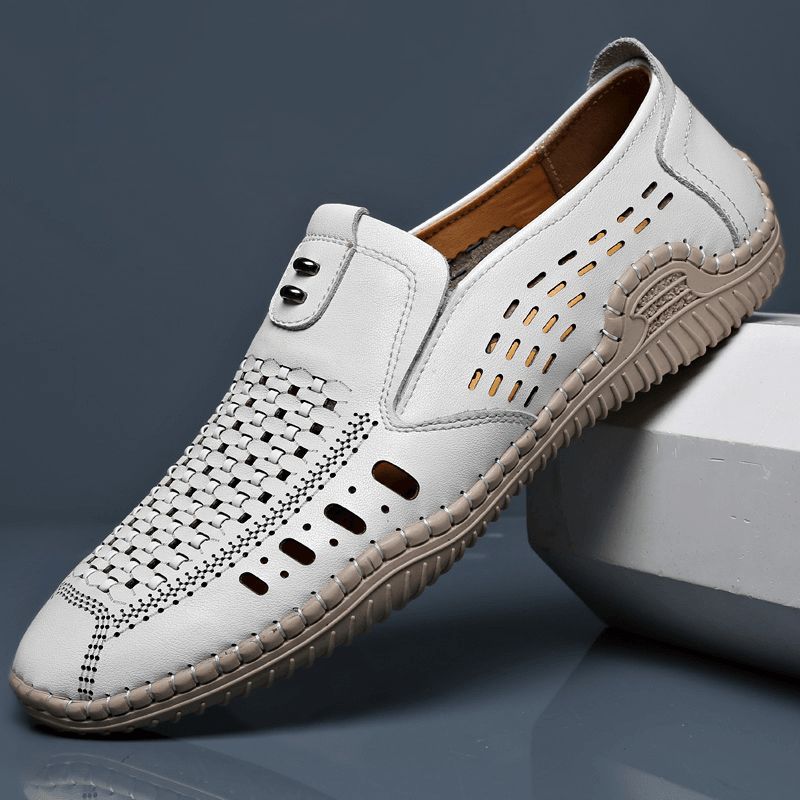 Hommes Microfibre Évider Respirant Couture À La Main Fond Souple Sans Lacet Chaussures Décontractées