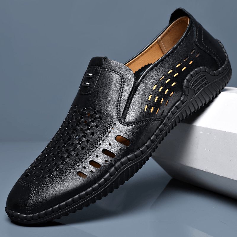 Hommes Microfibre Évider Respirant Couture À La Main Fond Souple Sans Lacet Chaussures Décontractées