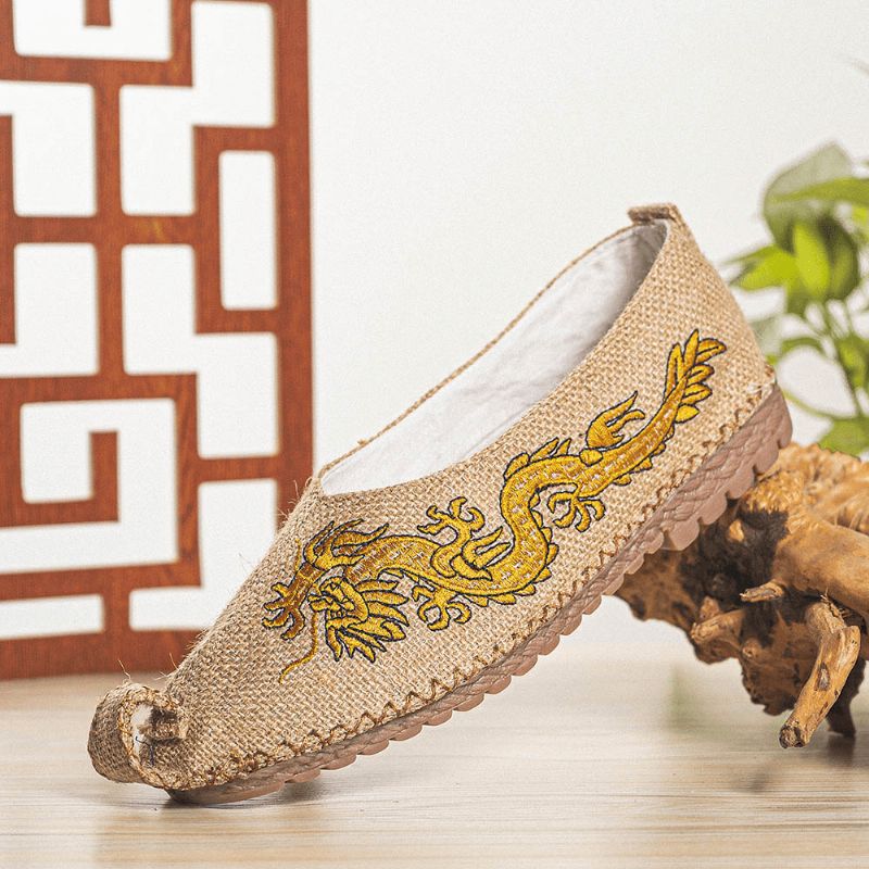 Hommes Respirant Antidérapant Vieux Peking Dragon Broderie Confortable Casual Chaussures En Lin