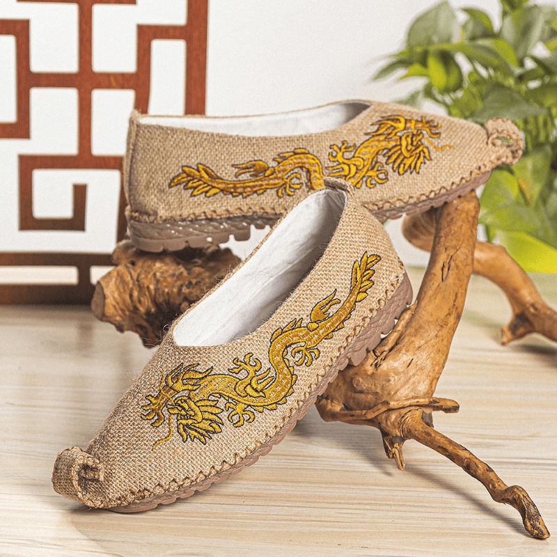 Hommes Respirant Antidérapant Vieux Peking Dragon Broderie Confortable Casual Chaussures En Lin