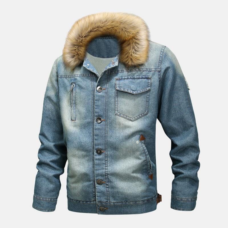 Mode Homme 100% Coton Poches Denim Polaire Épaissi Col Montant Veste Décontractée