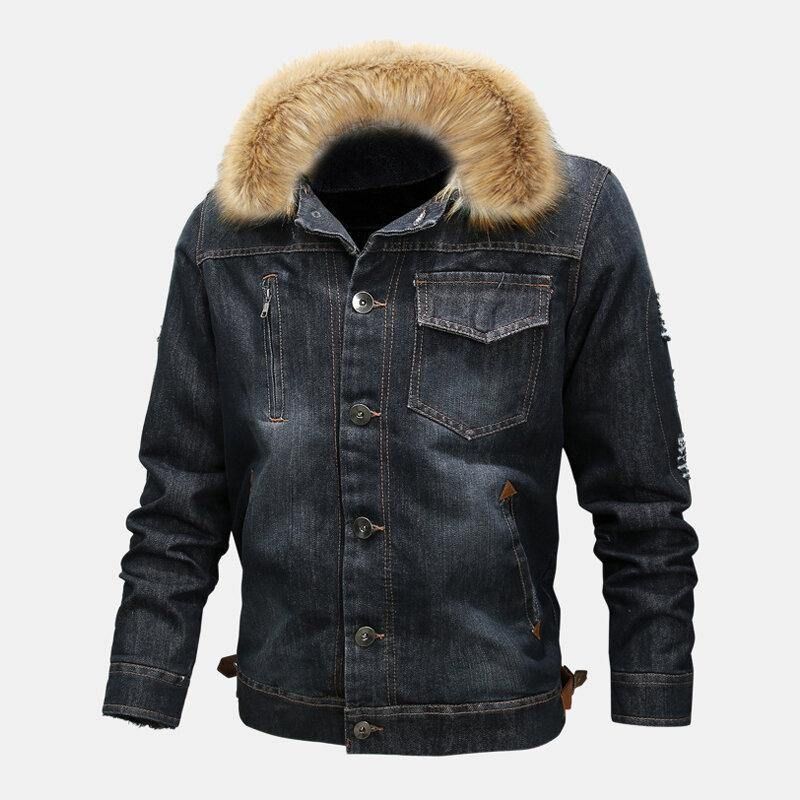 Mode Homme 100% Coton Poches Denim Polaire Épaissi Col Montant Veste Décontractée