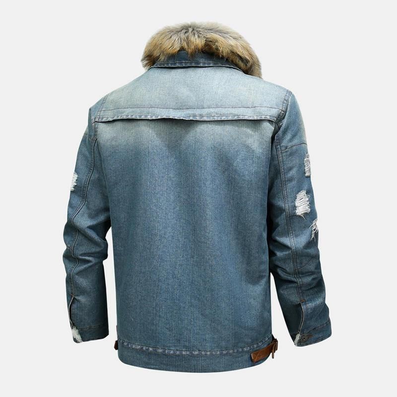 Mode Homme 100% Coton Poches Denim Polaire Épaissi Col Montant Veste Décontractée