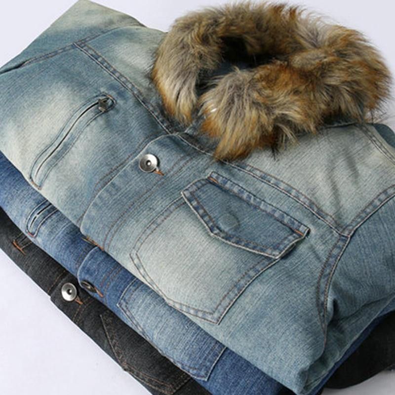 Mode Homme 100% Coton Poches Denim Polaire Épaissi Col Montant Veste Décontractée