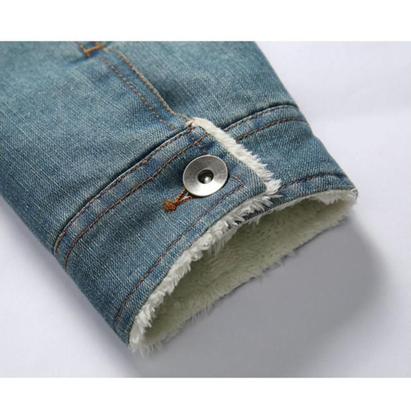 Mode Homme 100% Coton Poches Denim Polaire Épaissi Col Montant Veste Décontractée