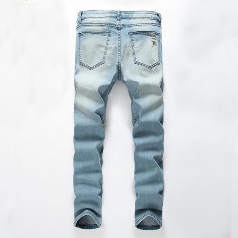 Hommes Trous Mode Casual Jambes Droites Jeans Vintage Bleu Clair Denim Pantalon