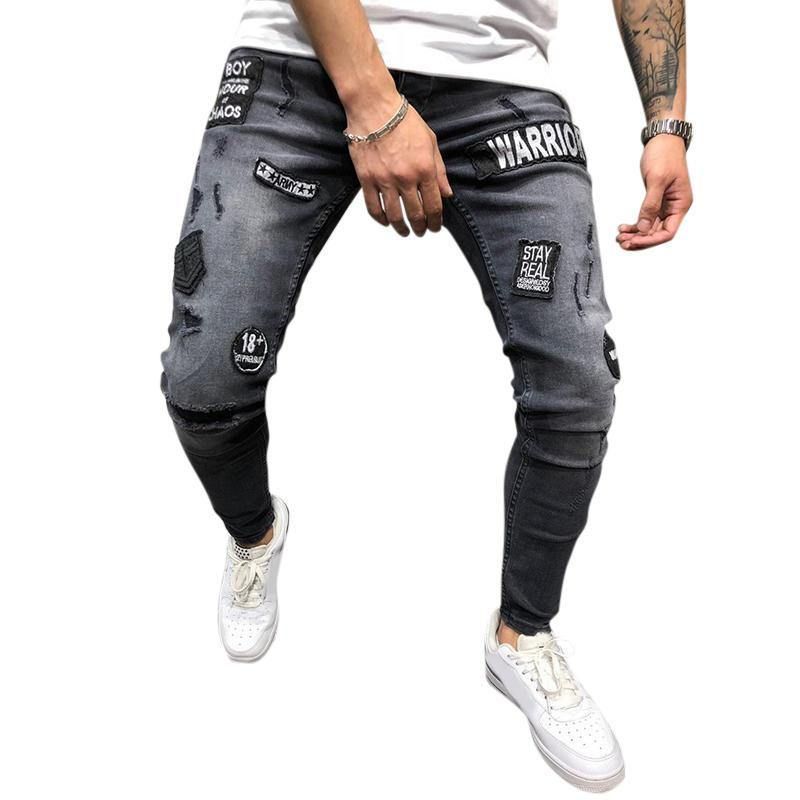 Pantalon En Jean Patchwork En Coton À Taille Moyenne Pour Hommes