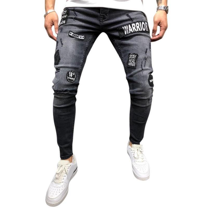 Pantalon En Jean Patchwork En Coton À Taille Moyenne Pour Hommes