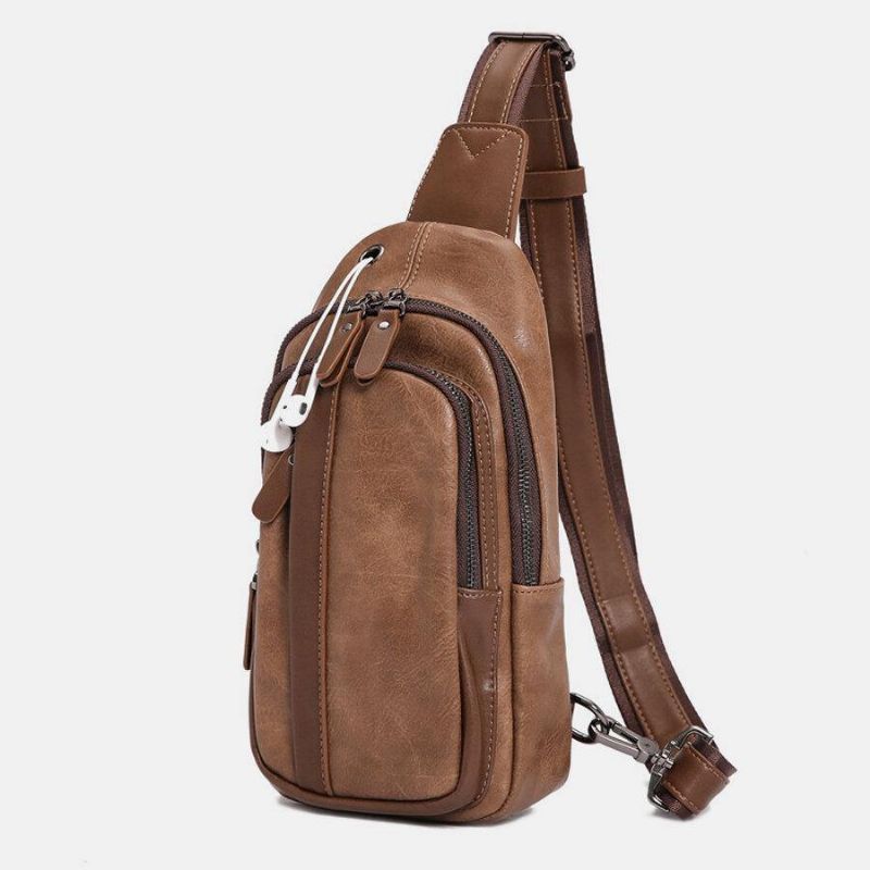 Hommes En Cuir Pu Multi-poches Trou Pour Écouteurs Sac À Bandoulière Sac De Poitrine Sac À Bandoulière