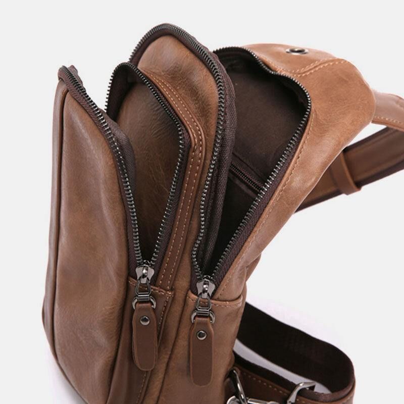 Hommes En Cuir Pu Multi-poches Trou Pour Écouteurs Sac À Bandoulière Sac De Poitrine Sac À Bandoulière