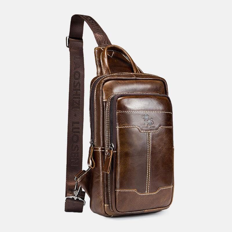 Hommes En Cuir Véritable Cuir Ciré Cuir De Vachette Rétro Mode Affaires Poitrine Sac Sac À Bandoulière