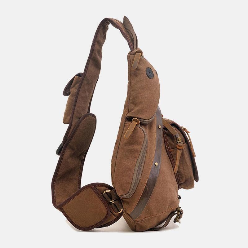 Hommes En Cuir Véritable Et Toile Voyage Sac De Transport Extérieur Sac À Bandoulière Multi-poches Sac De Poitrine