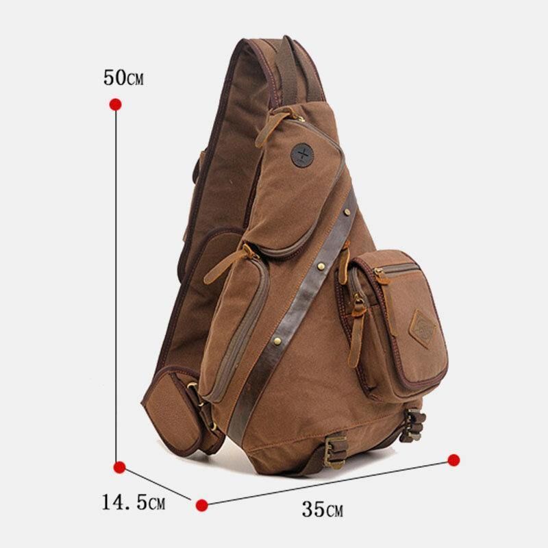 Hommes En Cuir Véritable Et Toile Voyage Sac De Transport Extérieur Sac À Bandoulière Multi-poches Sac De Poitrine