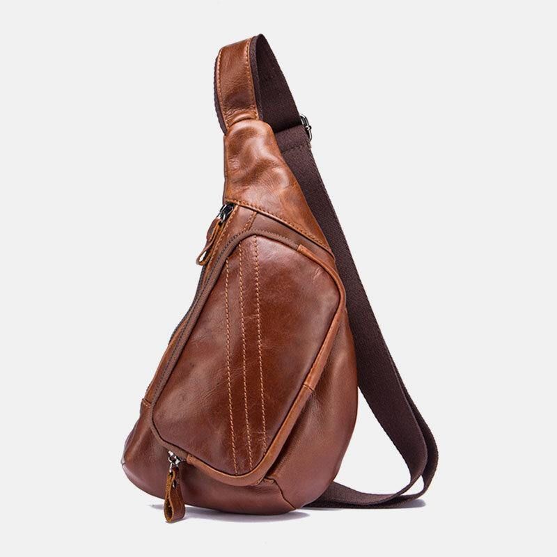 Hommes En Cuir Véritable Multi-poches Rétro 9 Pouces Grande Capacité Étanche Téléphone Poitrine Sacs Sac À Bandoulière