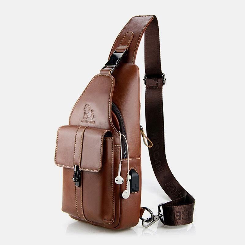 Hommes En Cuir Véritable Usb Chargeant Rétro Décontracté Sac De Poitrine En Peau De Vache Sac À Bandoulière Sac À Bandoulière