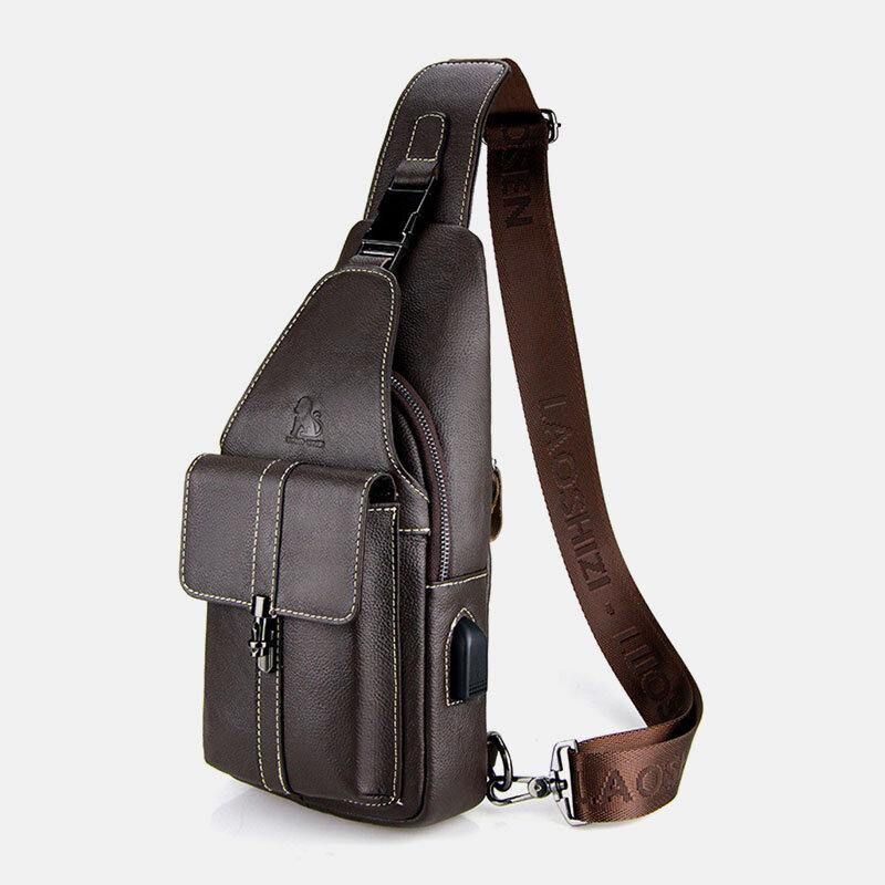 Hommes En Cuir Véritable Usb Chargeant Rétro Décontracté Sac De Poitrine En Peau De Vache Sac À Bandoulière Sac À Bandoulière