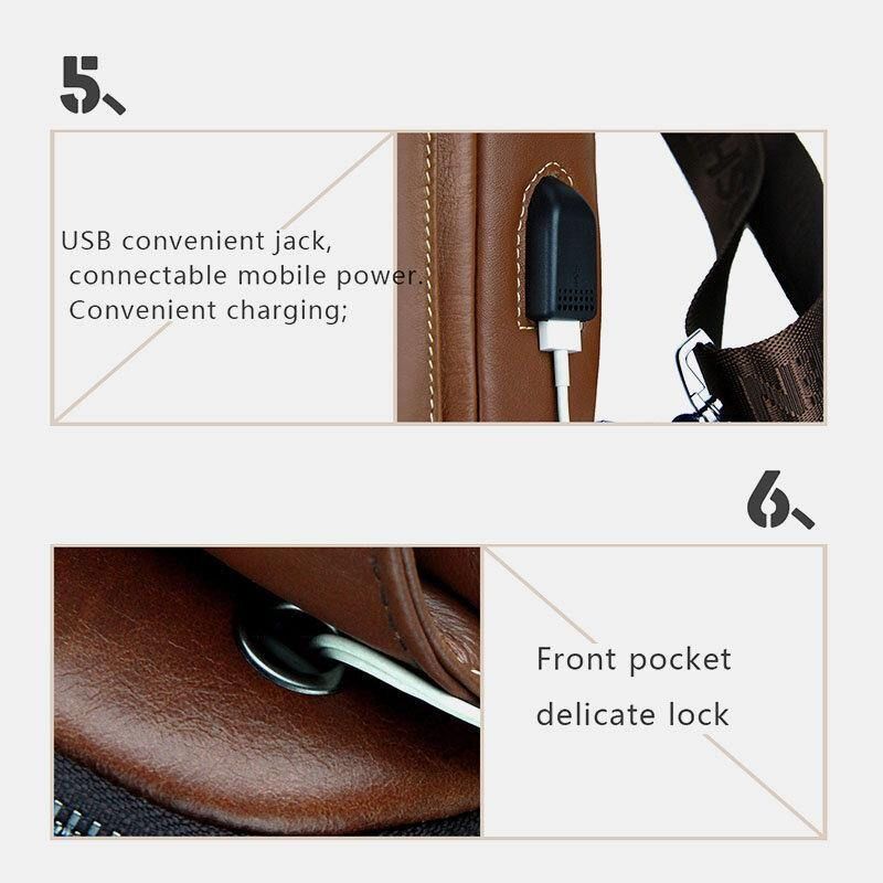 Hommes En Cuir Véritable Usb Chargeant Rétro Décontracté Sac De Poitrine En Peau De Vache Sac À Bandoulière Sac À Bandoulière