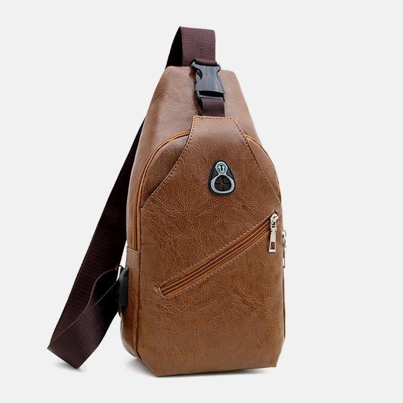 Hommes Faux Cuir Usb Recharge Écouteur Voyage Rétro Affaires Poitrine Sac Bandoulière Sac