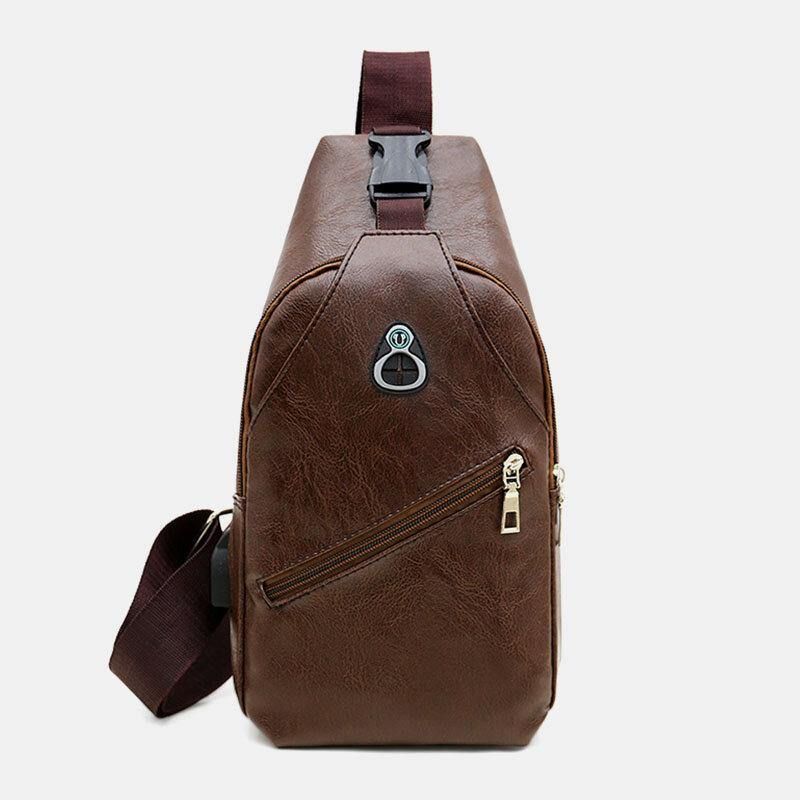 Hommes Faux Cuir Usb Recharge Écouteur Voyage Rétro Affaires Poitrine Sac Bandoulière Sac