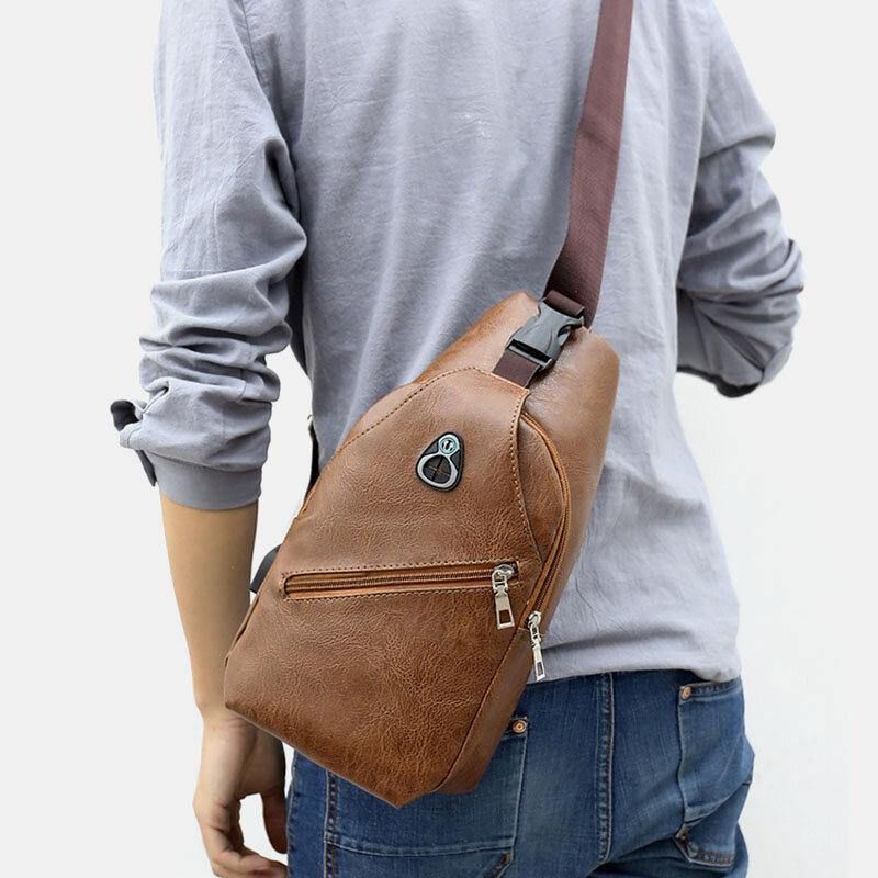 Hommes Faux Cuir Usb Recharge Écouteur Voyage Rétro Affaires Poitrine Sac Bandoulière Sac