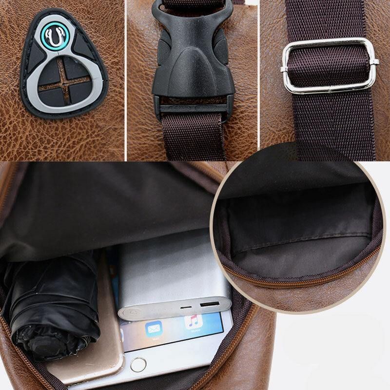 Hommes Faux Cuir Usb Recharge Écouteur Voyage Rétro Affaires Poitrine Sac Bandoulière Sac