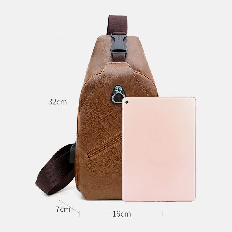 Hommes Faux Cuir Usb Recharge Écouteur Voyage Rétro Affaires Poitrine Sac Bandoulière Sac