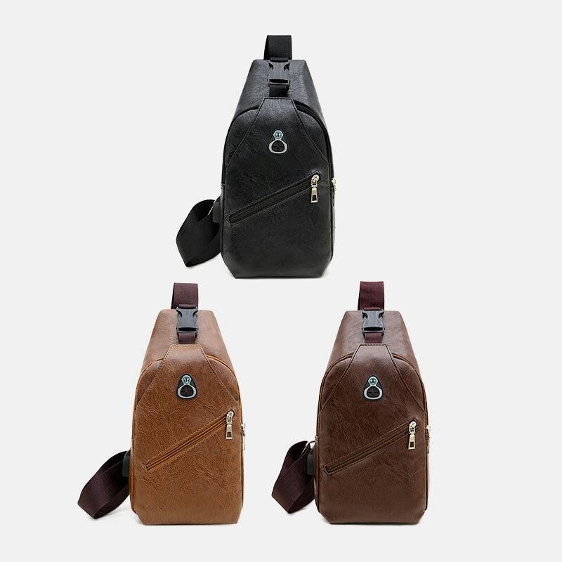 Hommes Faux Cuir Usb Recharge Écouteur Voyage Rétro Affaires Poitrine Sac Bandoulière Sac