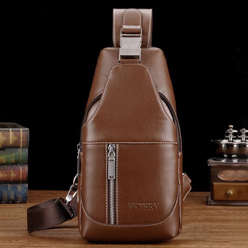 Hommes Pu Cuir Casual Multifonction Écouteur Trou Sac À Bandoulière Sac De Poitrine