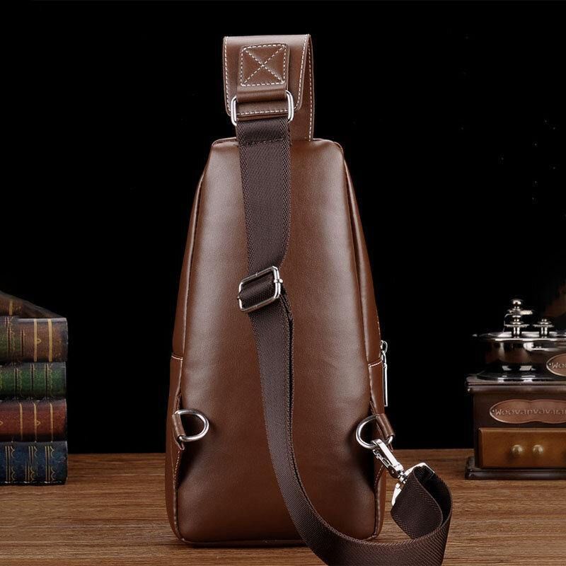 Hommes Pu Cuir Casual Multifonction Écouteur Trou Sac À Bandoulière Sac De Poitrine