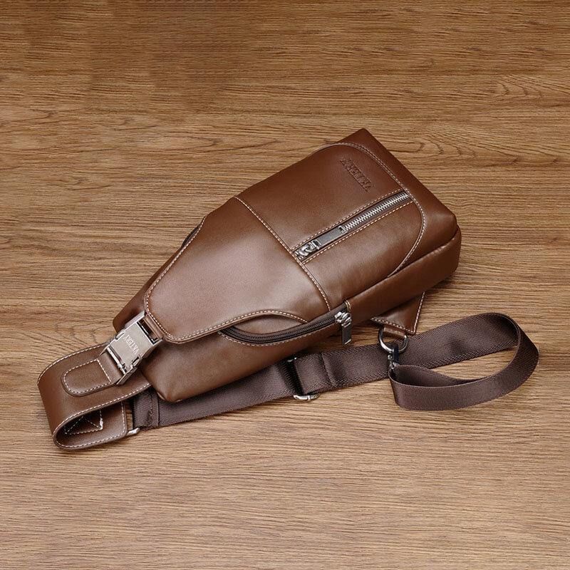 Hommes Pu Cuir Casual Multifonction Écouteur Trou Sac À Bandoulière Sac De Poitrine