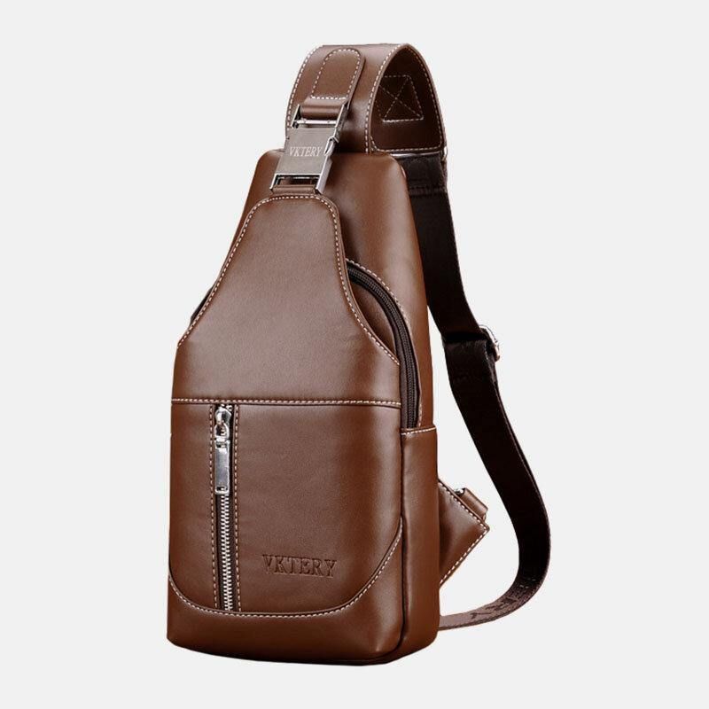 Hommes Pu Cuir Casual Multifonction Écouteur Trou Sac À Bandoulière Sac De Poitrine