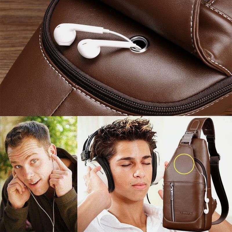 Hommes Pu Cuir Casual Multifonction Écouteur Trou Sac À Bandoulière Sac De Poitrine