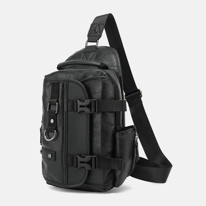 Hommes Pu Cuir Vintage Multifonction Écouteur Trou Usb Charge Sac À Bandoulière Sac De Poitrine Sac À Bandoulière