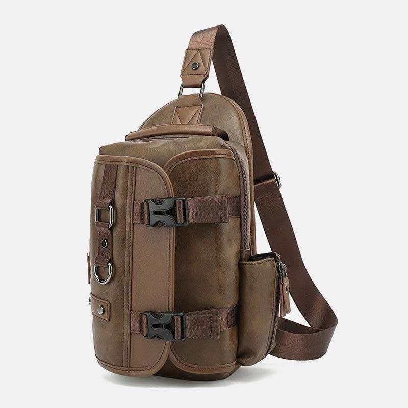 Hommes Pu Cuir Vintage Multifonction Écouteur Trou Usb Charge Sac À Bandoulière Sac De Poitrine Sac À Bandoulière