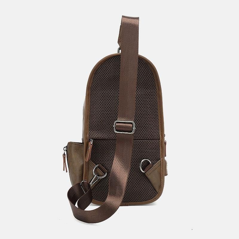 Hommes Pu Cuir Vintage Multifonction Écouteur Trou Usb Charge Sac À Bandoulière Sac De Poitrine Sac À Bandoulière