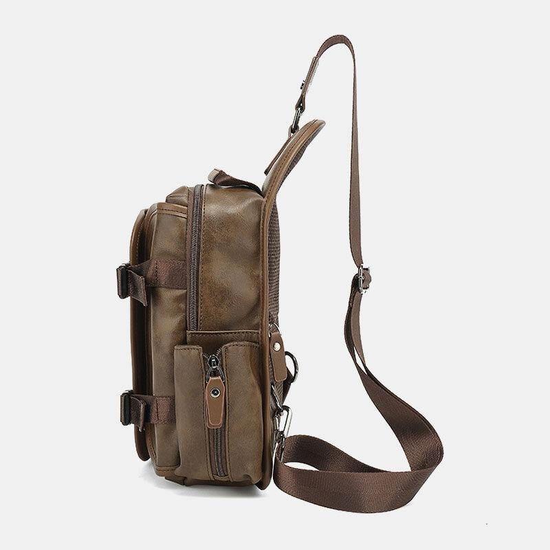 Hommes Pu Cuir Vintage Multifonction Écouteur Trou Usb Charge Sac À Bandoulière Sac De Poitrine Sac À Bandoulière